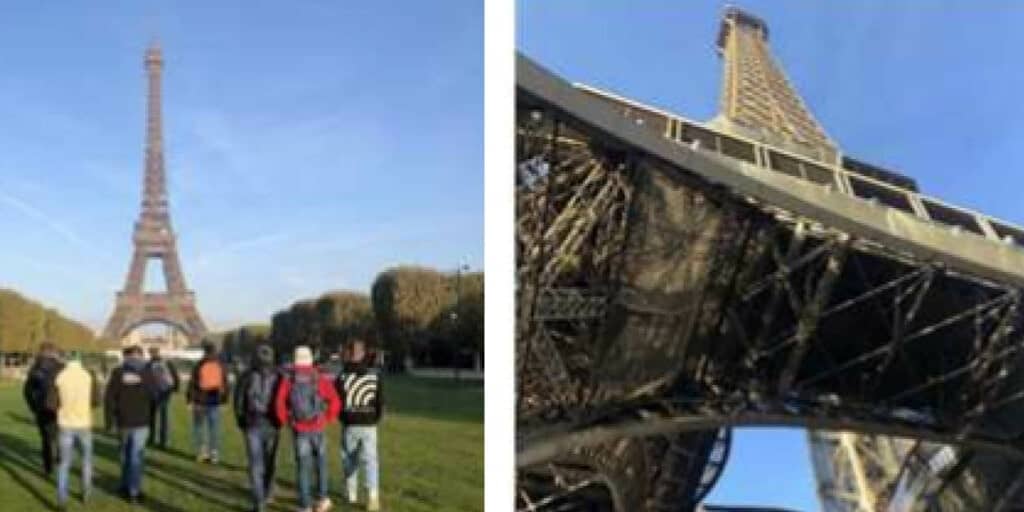 Photo de groupe des apprentis du Bac Pro Technicien Constructeur Bois à la Tour Eiffel